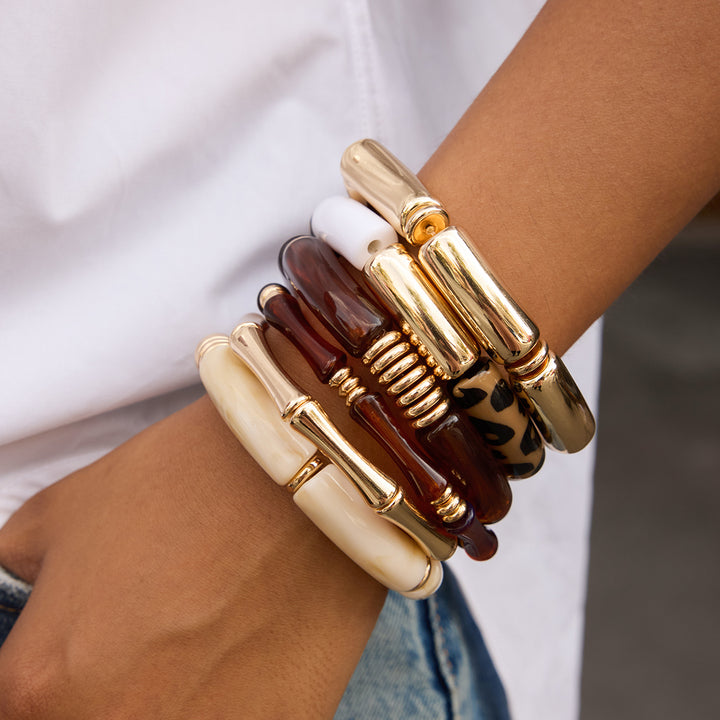 J&D Vintage Resin Bamboo Bangles UV Gold Plated Leopard Amber Resin Bamboo Joint Bangle Bracelets 2pcs Set