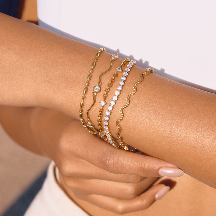 J&D Wave Bar Round White CZ Stainless Steel 18K Gold Plated Classic Statement Link Chain Bracelet Gift for Women Daily Wear