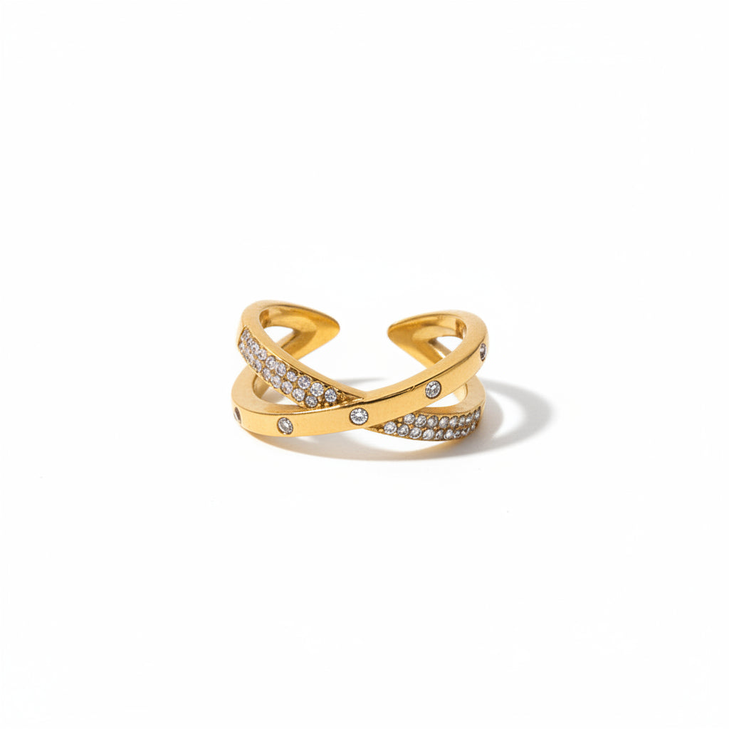 18K Gold Plated Stainless Steel Double Layer Zircon X Cross Opening Rings Jewelry Gift for Women
