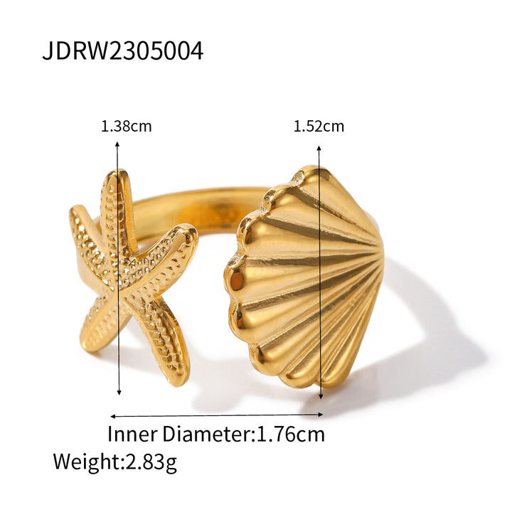 Ins Ocean Style Stainless Steel 18K PVD Plated Shell and Starfish Rings Tarnish Free Rings for Girls
