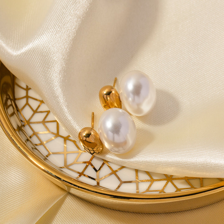 Trendy Women's 18K Real Gold Plated Stainless Steel Ball Earrings Classic Pearl Stub Drop Earrings