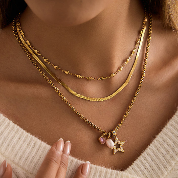 J&D Pink Heart CZ Pearl Star Stainless Steel 18K Gold Plated Classic Statement Wheat Chain Necklace Gift for Women Daily Wear