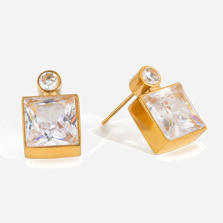 J&D Elegant Mixed Shape CZ Stud Earrings Teardrop and Rectangular Geometric Design 18K Gold Plated Stainless Steel Earrings