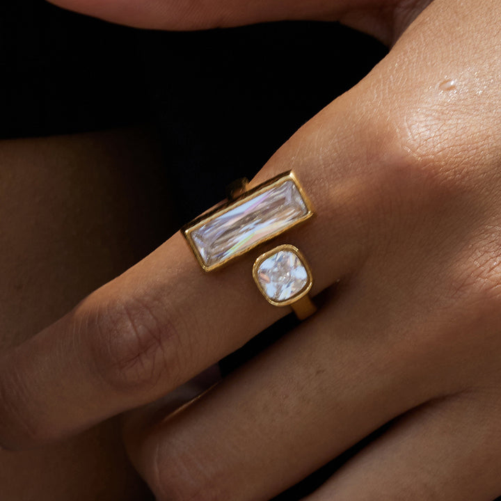 J&D 18K PVD Gold Plated Stainless Steel Ring Waterproof Classic Trendy White Rhinestone Open Ring