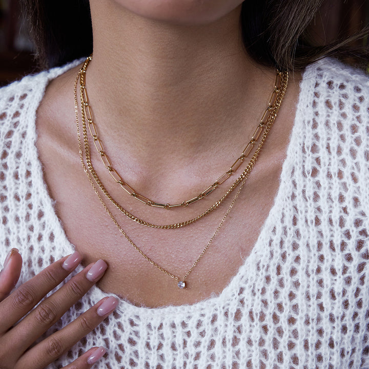 J&D Stainless Steel 18K PVD Gold Plating Three Layers Cuban Paper Clip O Shape Chain CZ Cubic Zircon Necklace