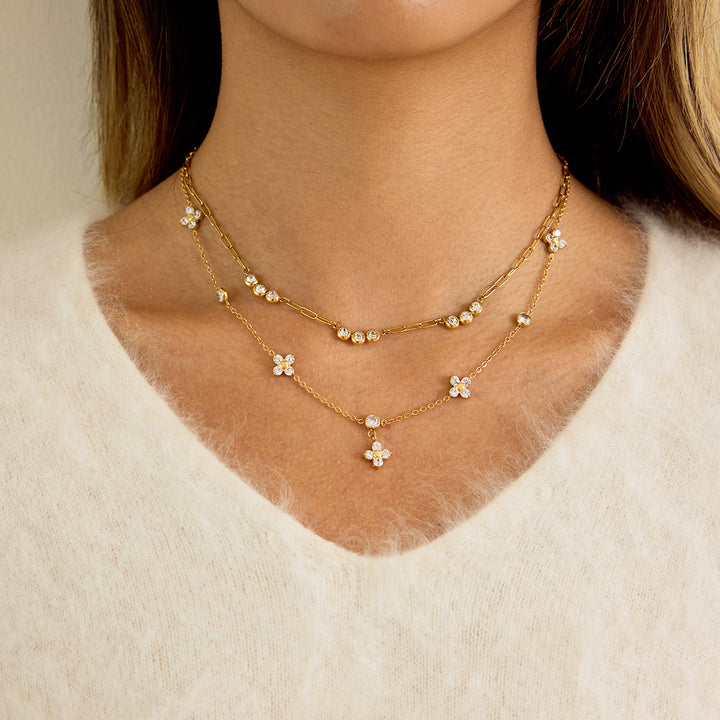 J&D 18K PVD Gold Plate Stainless Steel Necklace Trendy Classic White Zircon Four-leaf Clover Necklace