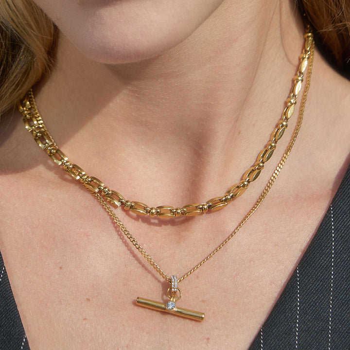 J&D Original Design Minimalist T Bar Necklace 18K Gold Stainless Steel Fashion Rhinestone T Bar Pendant Necklace
