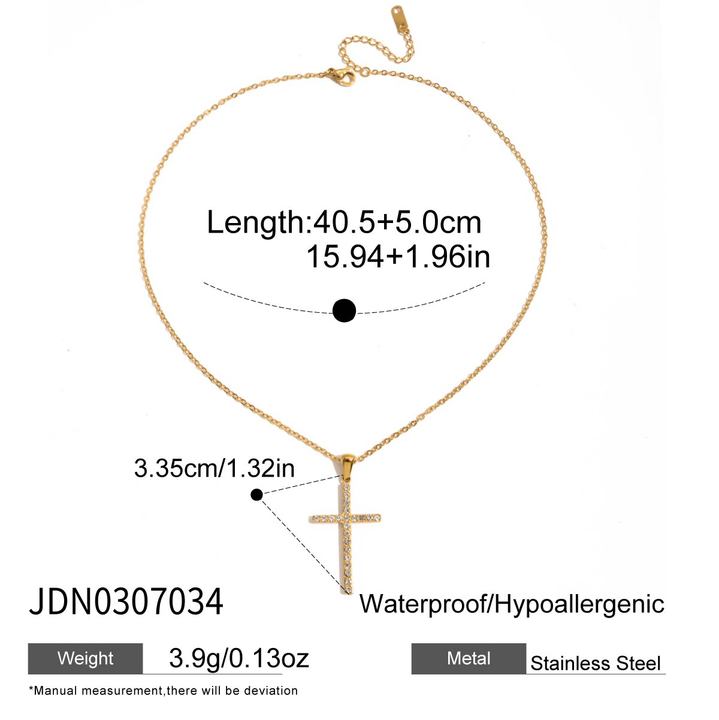 J&D Jewelry Waterproof Stainless Steel 18K PVD Gold Plating Cable Chain White Transparent Pave Cross Necklace