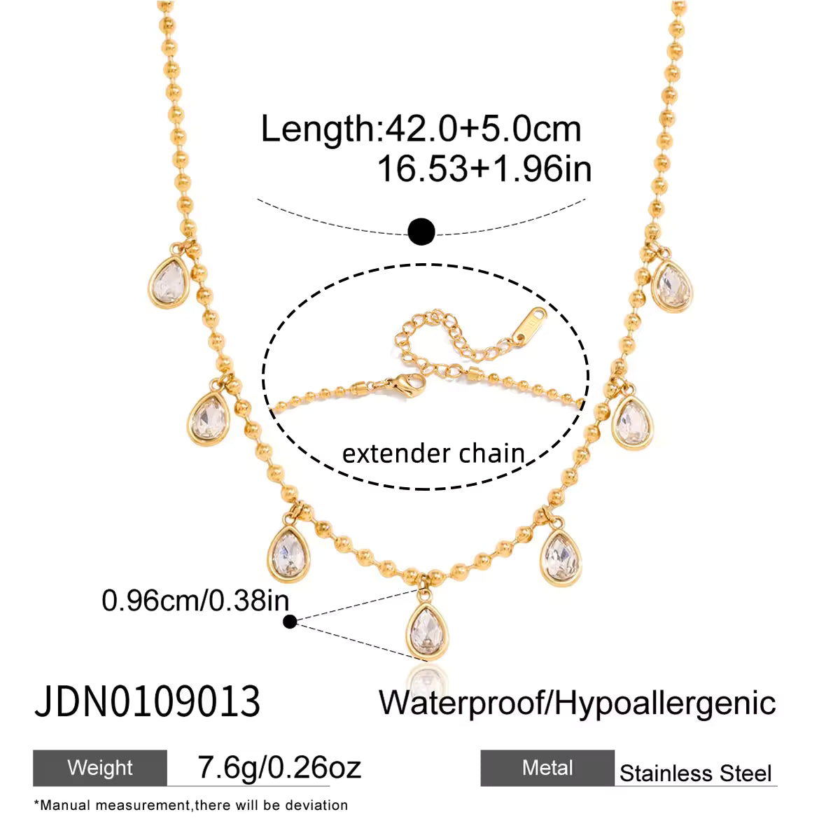 18K PVD Gold Plate Stainless Steel Necklace Trendy Classic Teardrop-shaped Zircon Pendant Necklace