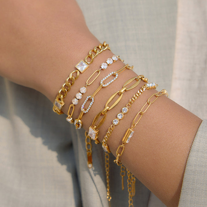 J&D Luxury 18K Gold Stainless Steel Bracelet Square Zirconia Cuban Link Chain Sweatproof PVD Plated Sporty Trendy Jewelry