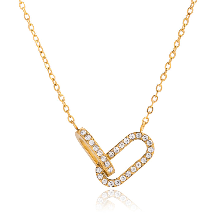 J&D 18K Gold Plate Stainless Steel Necklace Classic Zircon Oval Geometric Interlocking Pendant Necklace