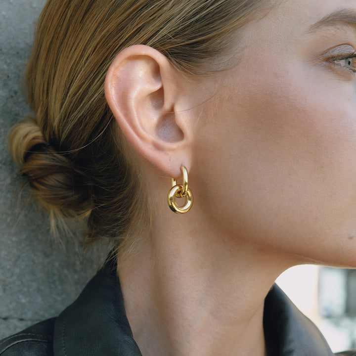 J&D Jewelry Drop Earring 18K PVD Plated Stainless Steel Two Tone Smooth Double Circle Pendant Earrings