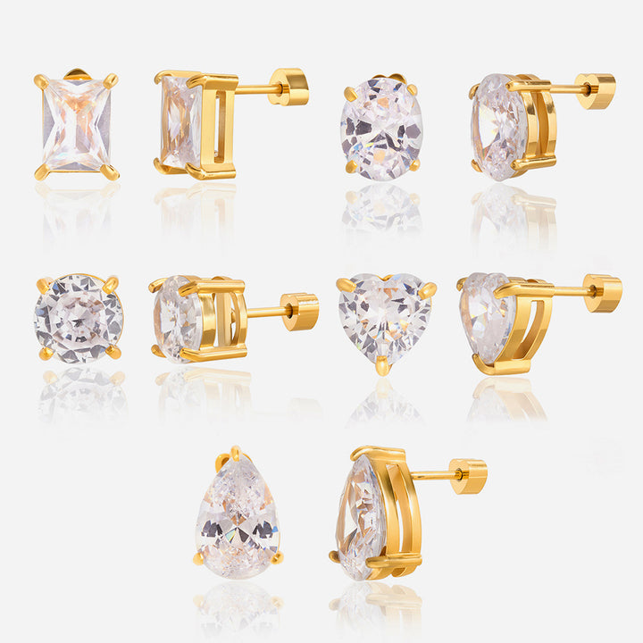 J&D Classic Stud Earring Jewelry for Women Stainless Steel Large Zircon Semi-precious Stone Solitaire Diamond Earring