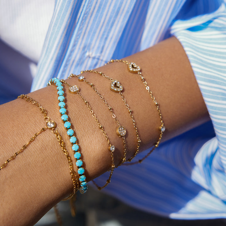 J&D Elegant Graceful Double Layer Heart Bracelet 18k Gold Stainless Steel Double Layer Rhinestone Turquoise Bead Chain Bracelet