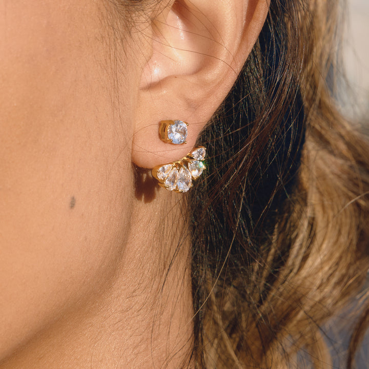 J&D Classic Elegant Water Drop Zircon Earring 18K Gold Plated Stainless Steel Zirconia Circle Detachable Fan Jackets Earrings