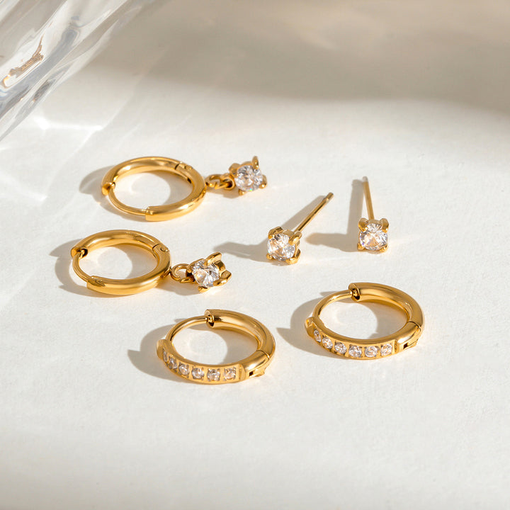 J&D 18k Gold Stainless Steel Zircon Hoop Earrings Set Three Pairs Classic Style