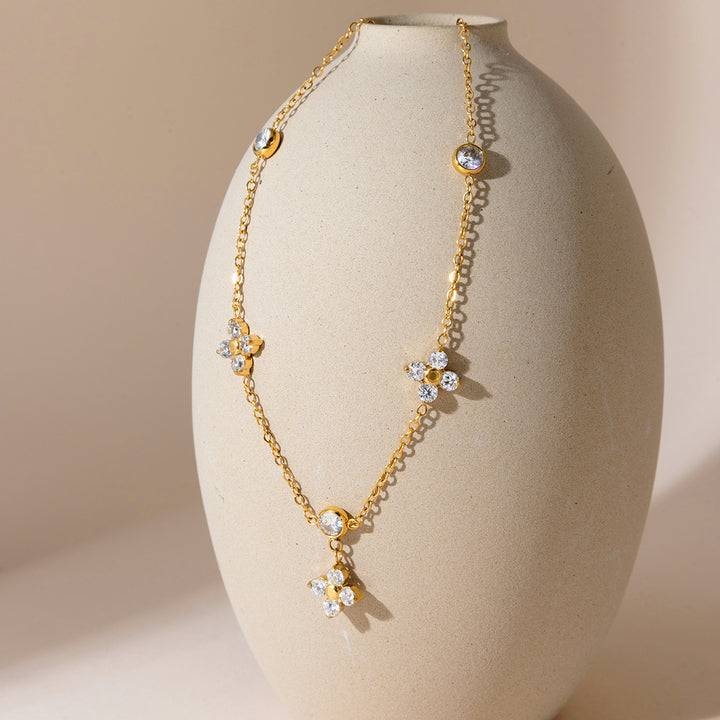 J&D 18K PVD Gold Plate Stainless Steel Necklace Trendy Classic White Zircon Four-leaf Clover Necklace