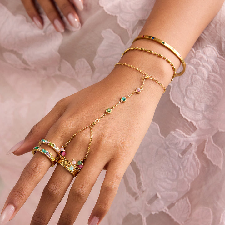 J&D Trendy Vacation Stackable Ring Hand Chain Multicolor Pastel Zircon Adjustable Bracelet Bangle Luxury Jewelry Dainty Gift