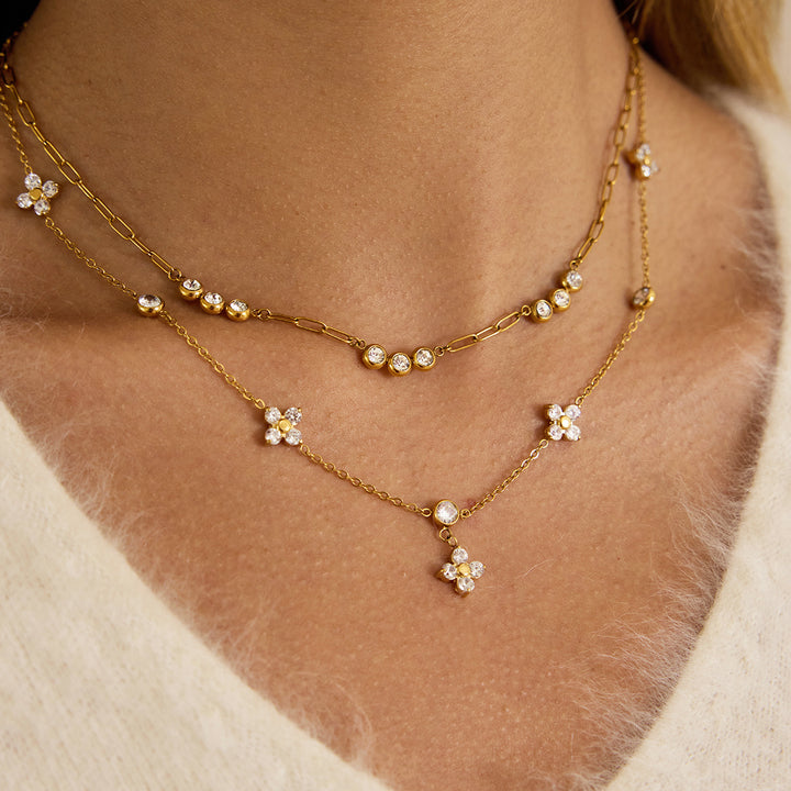J&D 18K PVD Gold Plate Stainless Steel Necklace Trendy Classic White Zircon Four-leaf Clover Necklace