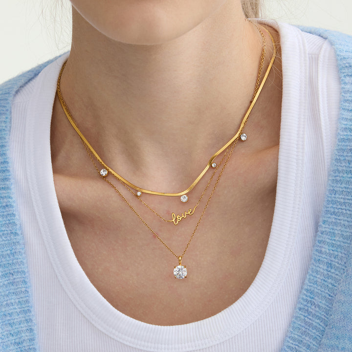 J&D Women Fashion Pendant Necklace 18K Gold Dainty Delicate White Zircon Bead Chain Ring Pendant Necklace