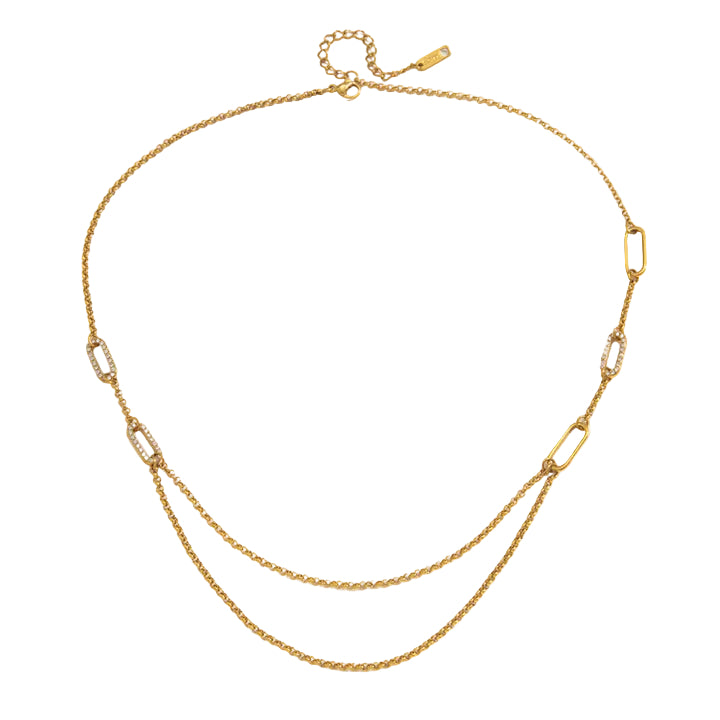 J&D 18K PVD Gold Plate Stainless Steel Necklace Classic White Rhinestone Hollow O-Shaped Chain Necklace
