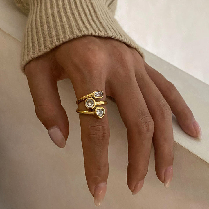 Zircon Multi Three Layers Ring Hollowed 18K PVD Gold Plated Stainless Steel Three-layer Heart Opening Ring for Women Jewelry