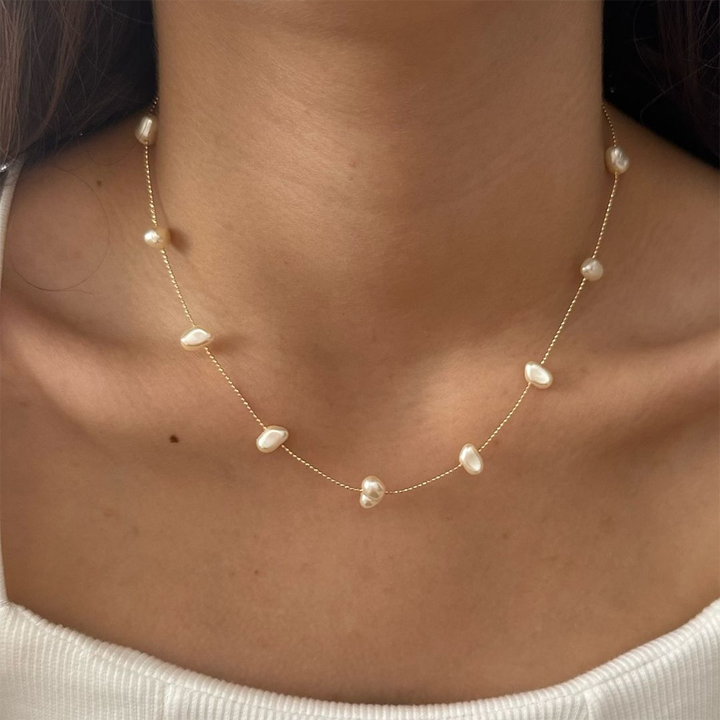 J&D 18K Gold Stainless Steel Unique Faux Pearl Real Gold IP Plated Chain Adjustable Beaded Bracelet Necklace Modern Design