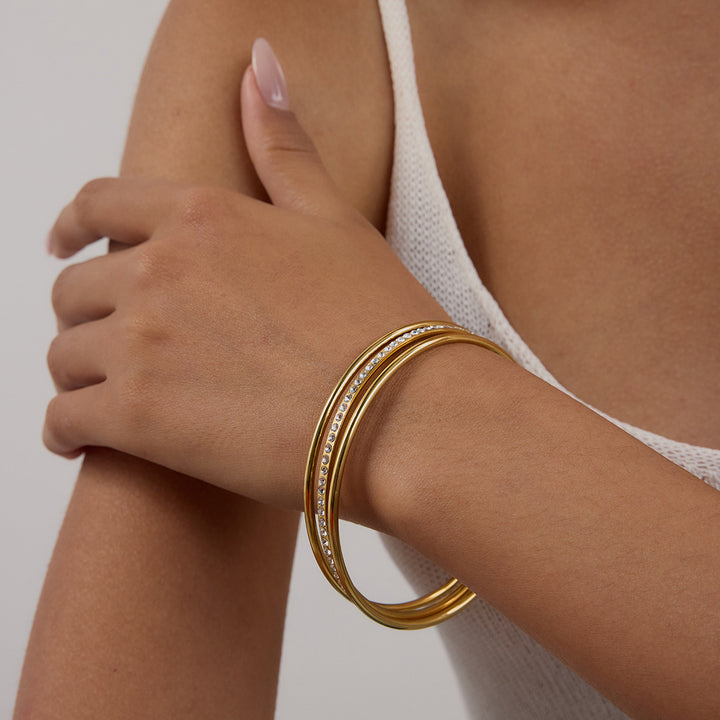 J&D Women's Fashion Stackable Jewelry 18K Gold Stainless Steel With Zircon Fine Bangle Bracelet Layer Bracelet for Daily Wear