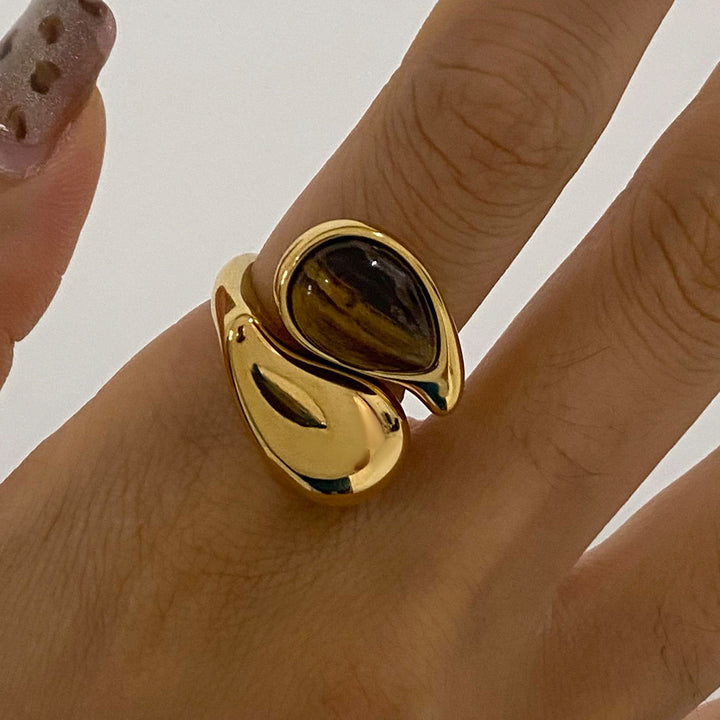 J&D Elegant Style Tiger Eye Stone Drop Ring 18K Gold Stainless Steel Waterdrop Inlaid Fashionable Open Ring Jewelry