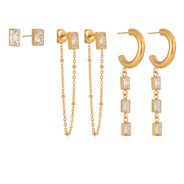 J&D Elegant Tassel Earring 18K Gold Stainless Steel Fashion Delicate Square Water Drop Rhinestone Tassel Earring Set