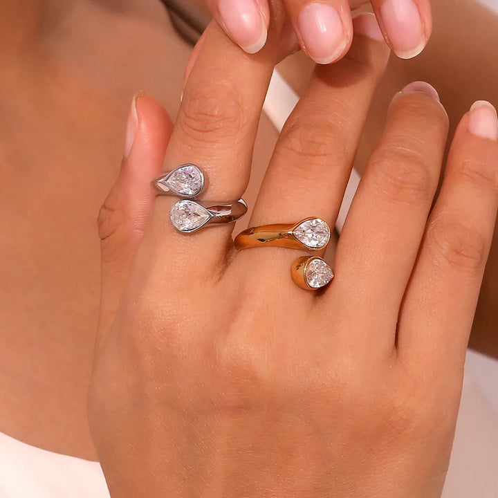 J&D Dainty Luxury Stainless Steel Women Jewelry Rings 18K Gold Asymmetric Water Drop Zircon Open Rings