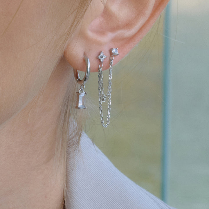 J&D Classic Lucky Leaf Asymmetric Earring Stainless Steel Silver Color Four Leaf Clover Square White Green Zircon Earring Set