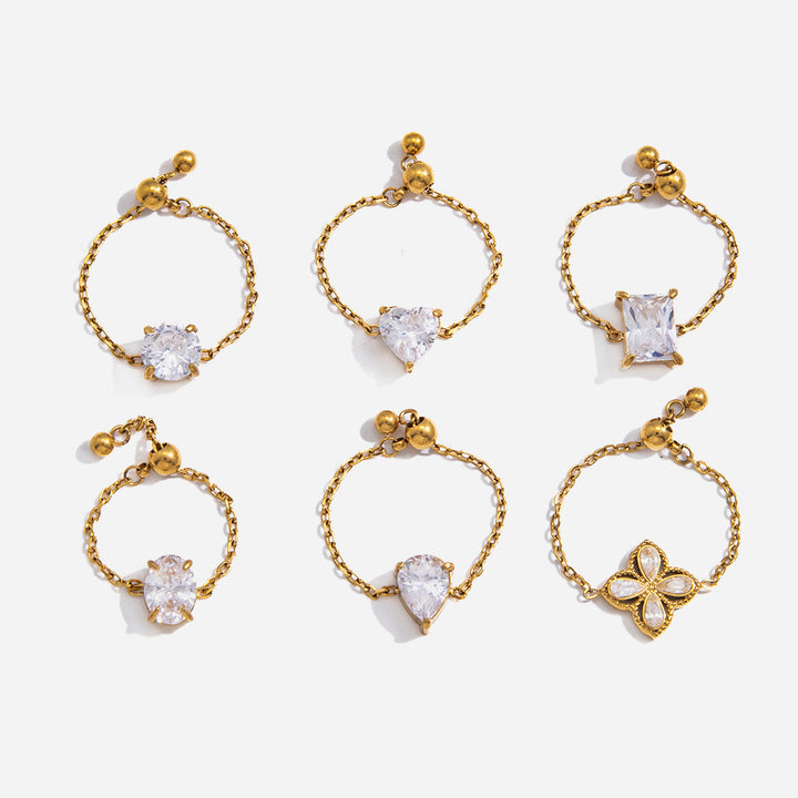 J&D Luxury 18K Gold Plated Stainless Steel Rings White Zircon Pear Heart Square Adjustable Slider Ring Tarnish Free Jewelry