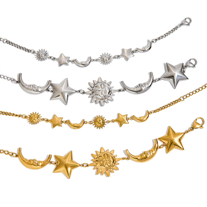 J&D Trendy 2025 Stainless Steel Stackable Minimalist Bracelet Sun Moon Star Charm Polished Jewelry for Women