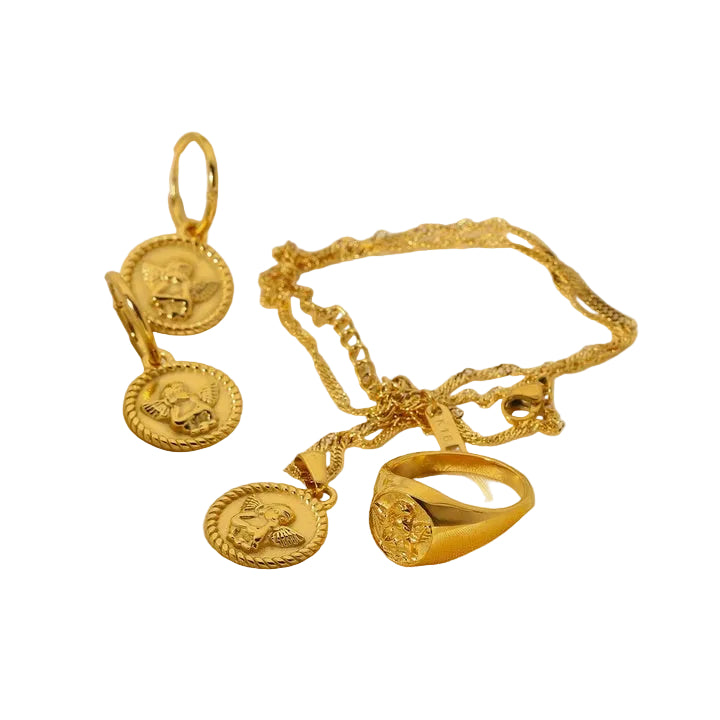 18K Gold Plated Stainless Steel Jewelry Sets Embossed Angel Drop Earrings Rings Pendant Necklace