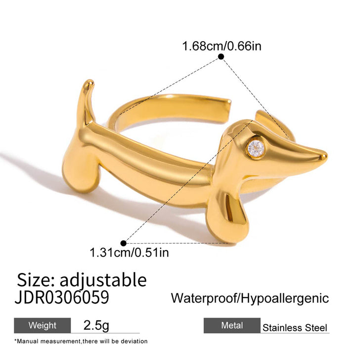 J&D Cute and Trendy 18k Gold Plating Stainless Steel Minimalist Lined Rhinestone Dog Cat Dachshund Kitten Ring