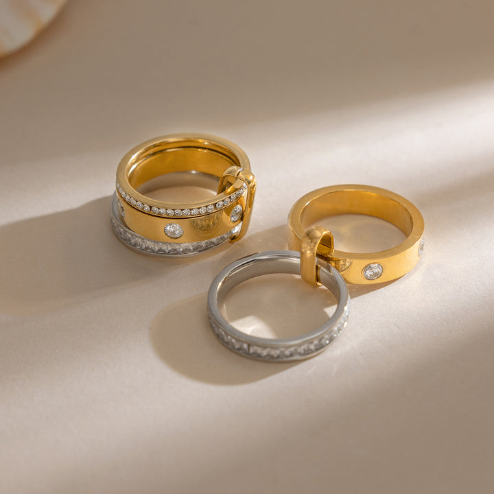 J&D 18K Gold Plate Stainless Steel Rings Classic Two Tone White Rhinestone Multi-ring Stacking Ring