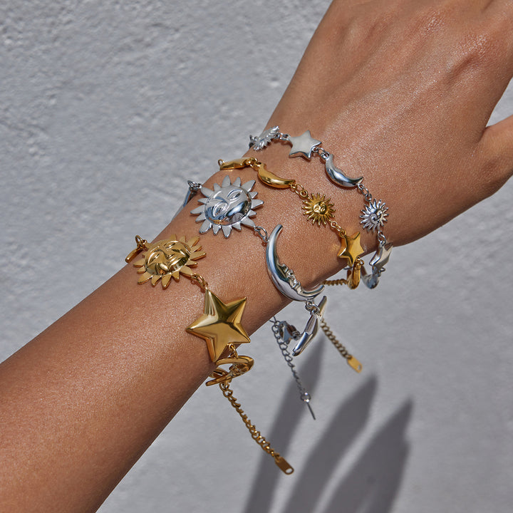 J&D Trendy 2025 Stainless Steel Stackable Minimalist Bracelet Sun Moon Star Charm Polished Jewelry for Women