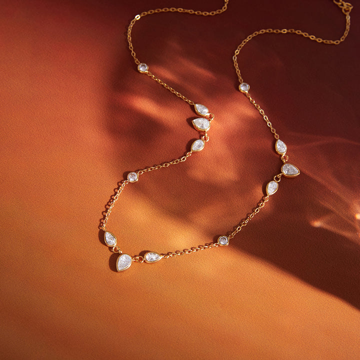 J&D 18K PVD Gold Plate Stainless Steel Necklace Waterproof Classic White Teardrop Zircon O-Chain Necklace