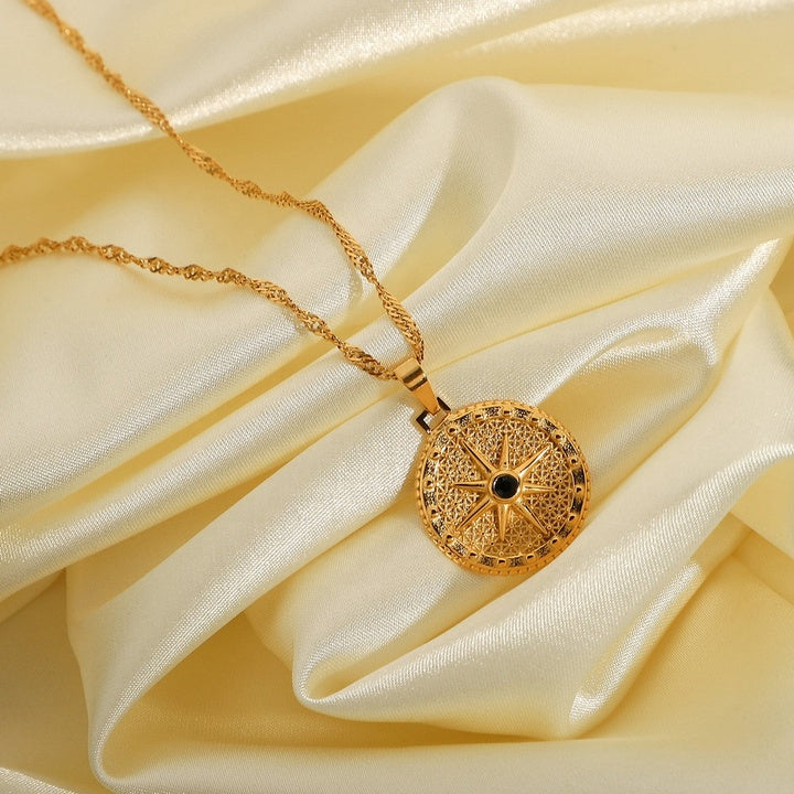 Trendy Titanium Steel Necklace 18K Gold Plating Stainless Steel Round Octagon Signet Black Diamond Necklace