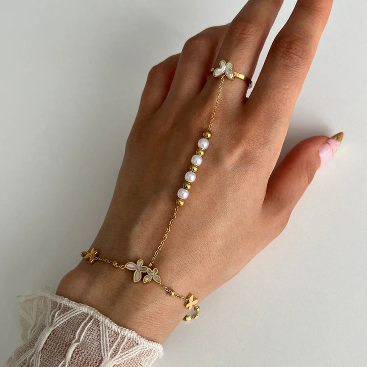 J&D Celestial Butterfly Whisper 18K Gold Stainless Steel Pearl Finger Chain Minimalist Hand Chain Everyday Layered Arm Art