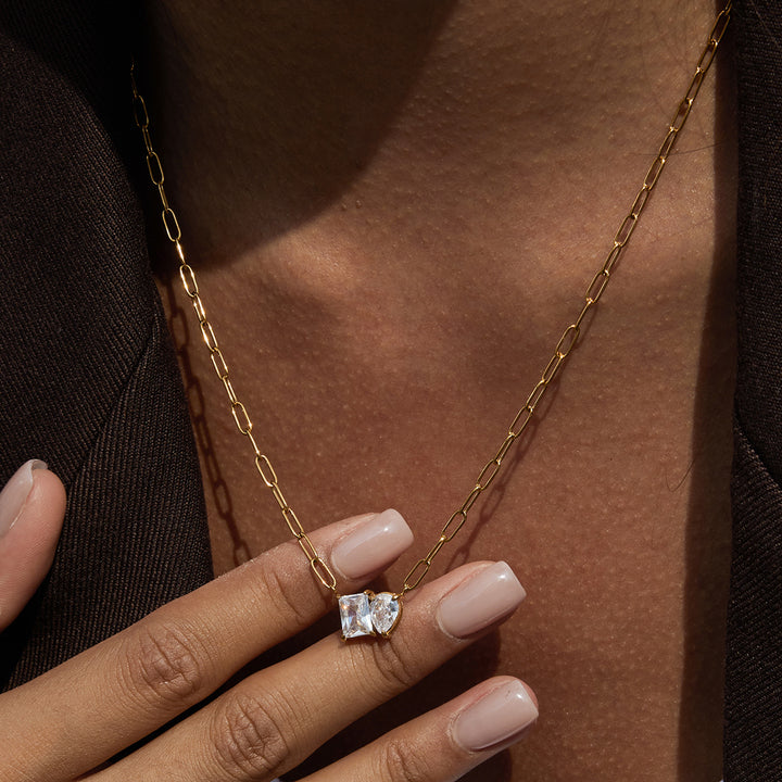 JD 18K Gold Plate Stainless Steel Necklace Trendy Classic Drop Square Shape White Zircon Pendant Necklace