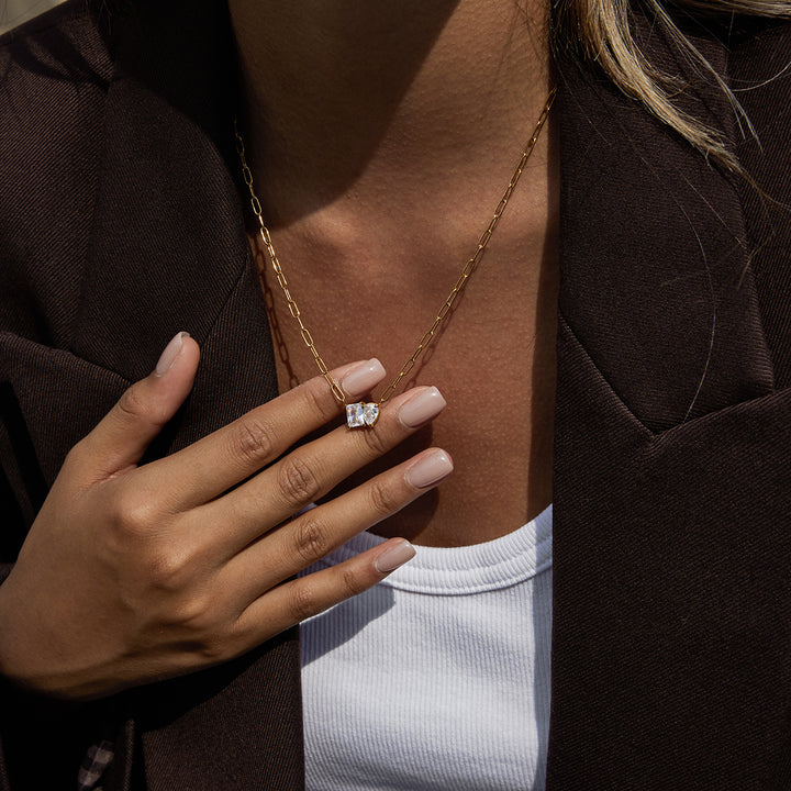 JD 18K Gold Plate Stainless Steel Necklace Trendy Classic Drop Square Shape White Zircon Pendant Necklace