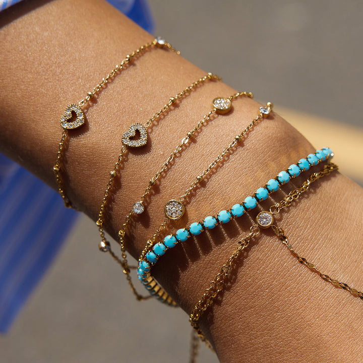 J&D Elegant Graceful Double Layer Heart Bracelet 18k Gold Stainless Steel Double Layer Rhinestone Turquoise Bead Chain Bracelet