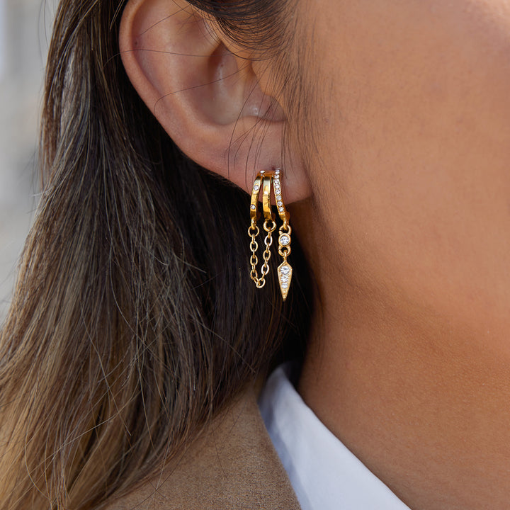 J&D Delicate Tassel Earring 18K Gold Stainless Steel Crystal Three Layer Hollow CC Chain Tassel Cone Shaped Earrings