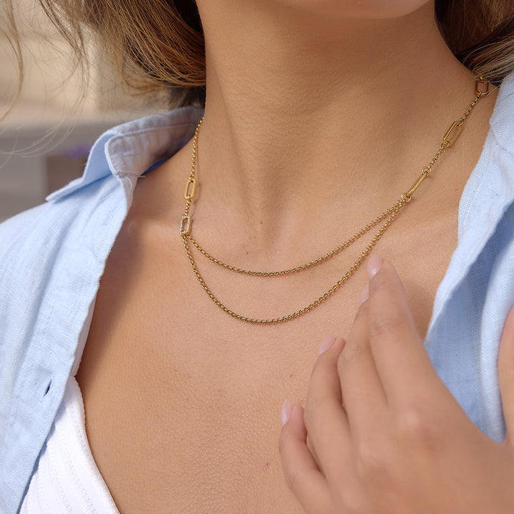 J&D 18K PVD Gold Plate Stainless Steel Necklace Classic White Rhinestone Hollow O-Shaped Chain Necklace