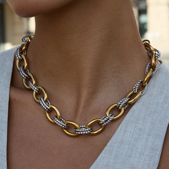 J&D 18K Gold Plate Stainless Steel Necklace Classic Minimalist Two Tone Oval Smooth Twist Necklace