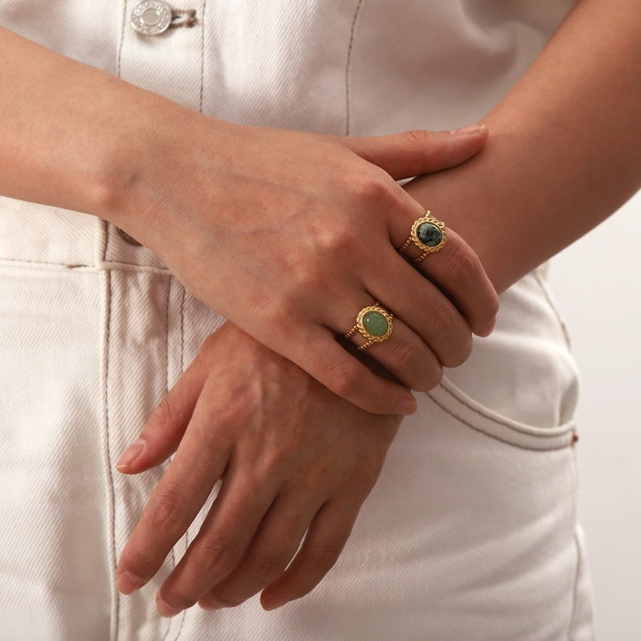 J&D Jewelry Natural Stone African Turquoise Agate Rope Sun 18K Gold Plated Stainless Steel Opening Rings