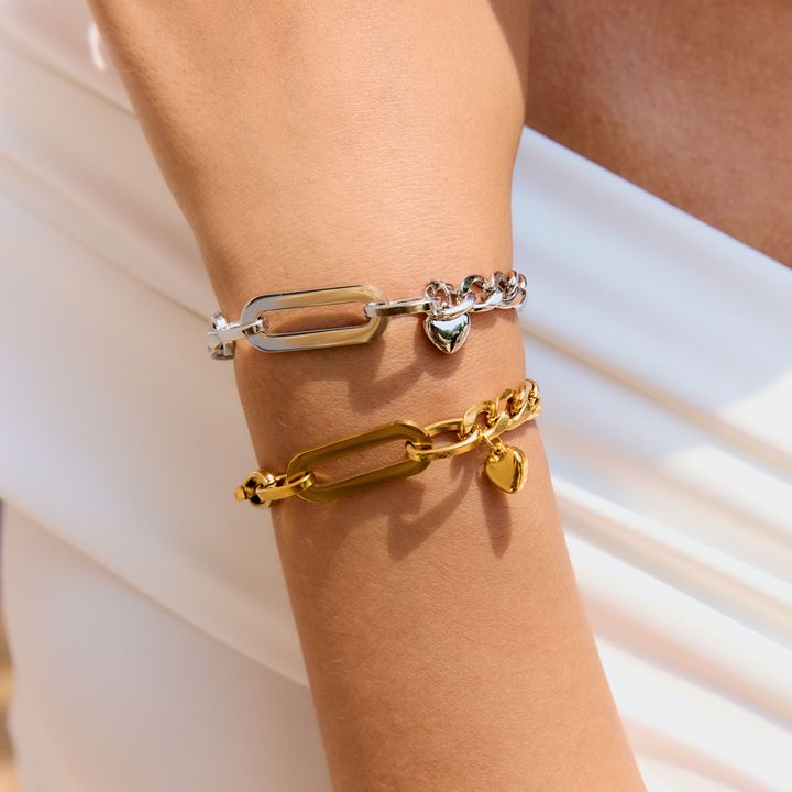 JD Trendy Minimalist Stainless Steel Chain Bracelet with Thin Heart Charm Oval Link Bracelet OT Clasp Stackable Jewelry