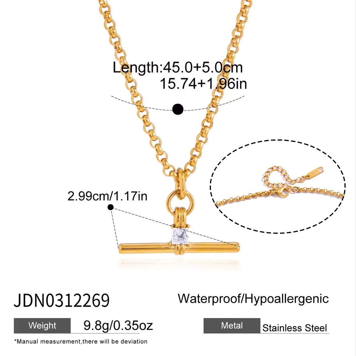 Original Design Minimalist T Bar Necklace 18K Gold Stainless Steel Fashion Rhinestone T Bar Pendant Necklace